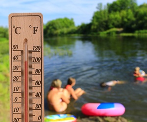 Thermometer showing hot temperatures, people in the background enjoying a pond.