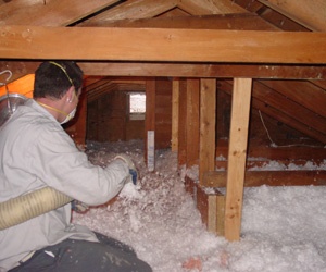 Worker installing blown-in insulation in attic floor.