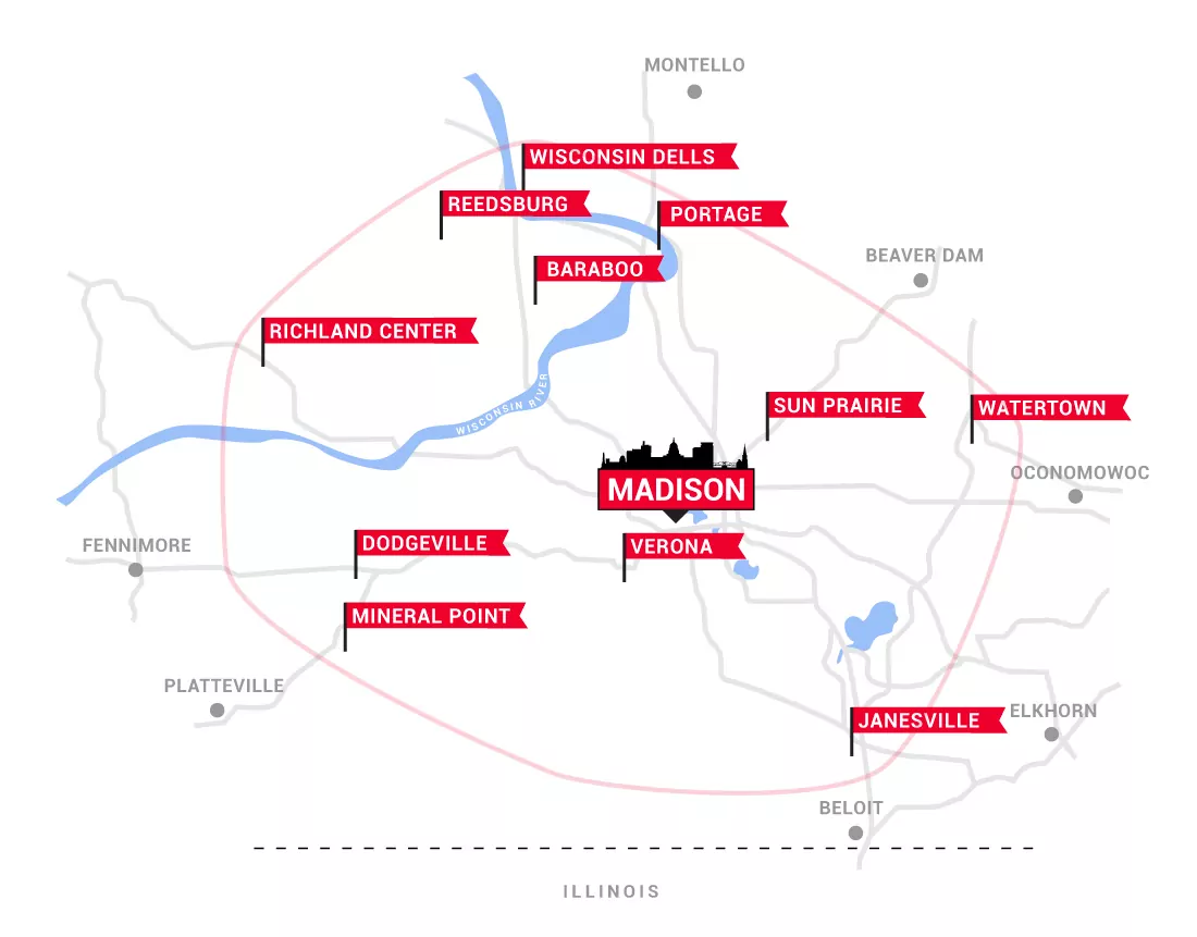 Rockweiler Insulation service areas map of Madison, Wisconsin and surrounding cities.