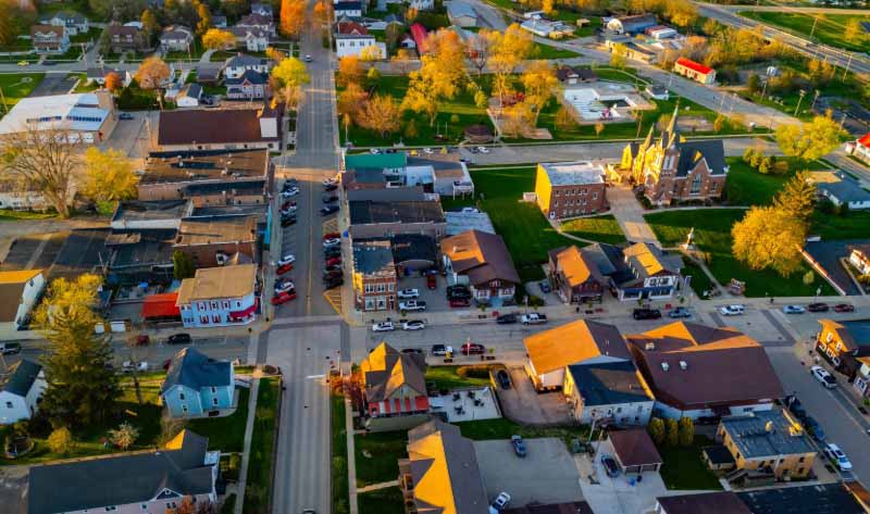New Glarus Wisconsin at sunset showing city buildings